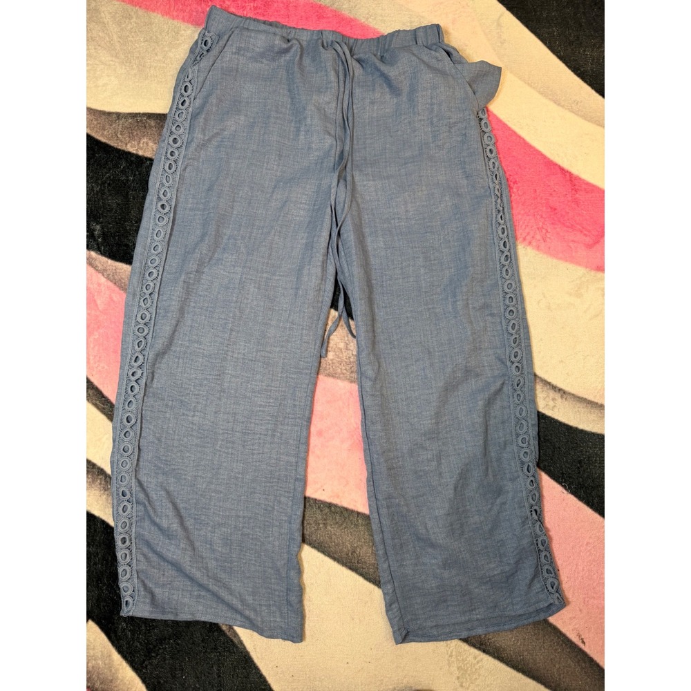 SHEIN Blue Wide Leg Eyelet Trim Pants XXL 14 Chambray Style Drawstring Waist
